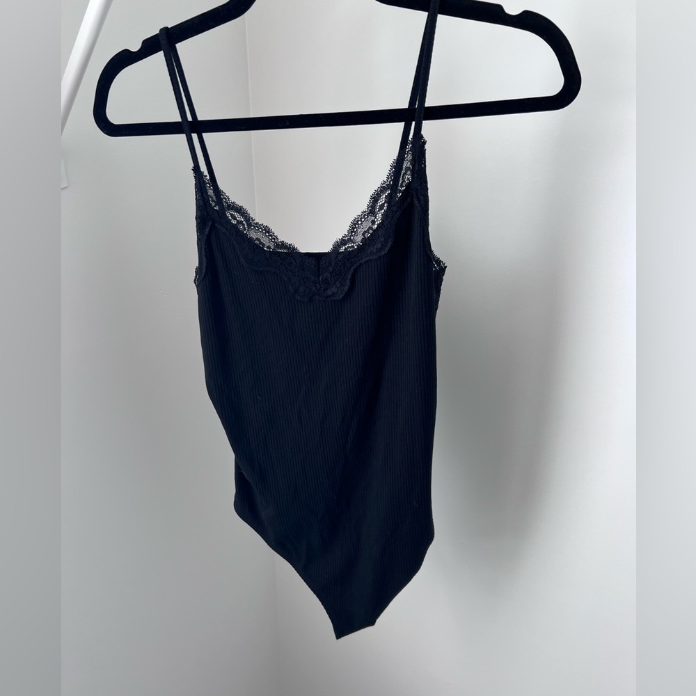 Elegant Black Lace Trim Cami Bodysuit